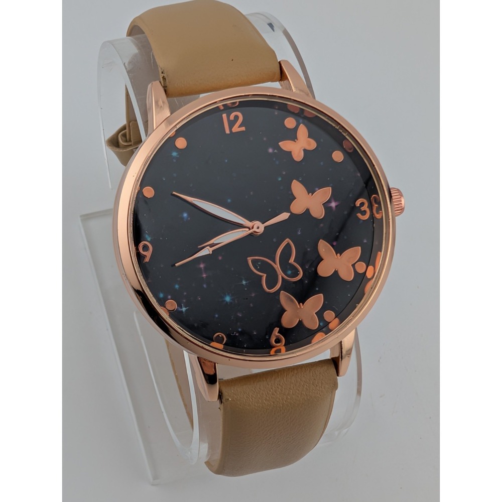 Women's Butterfly Watch 37mm Rose Gold Case Beige Faux Leather Band-New Battery